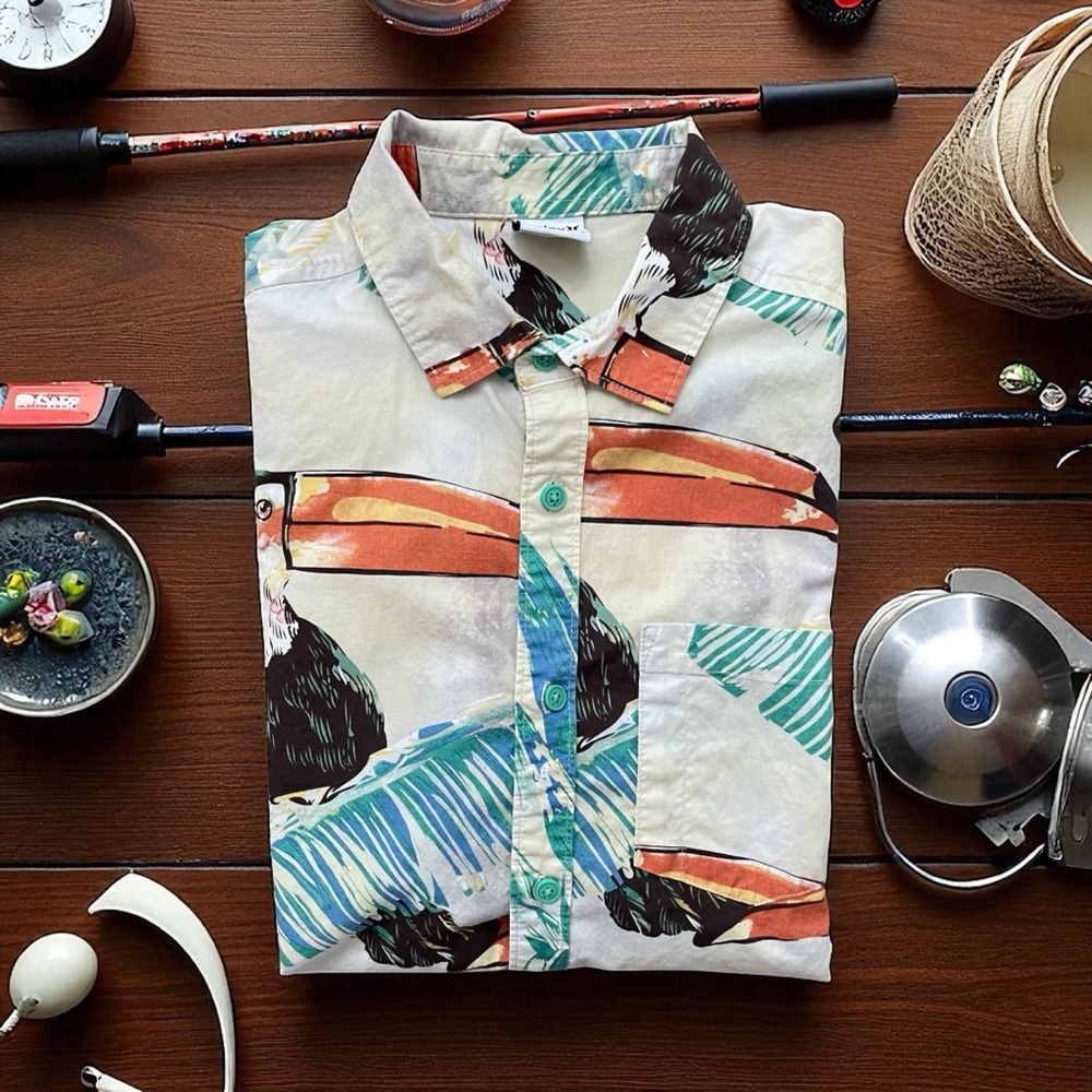 Hurley Toucan Print Casual Shirt - Cream and Green